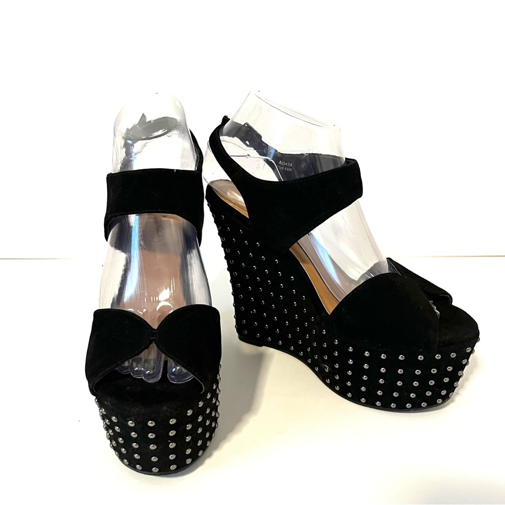 Vintage Y2K Shoe Dazzle Black Studded Wedge Platform Ankle Strap Sandal Shoe 7